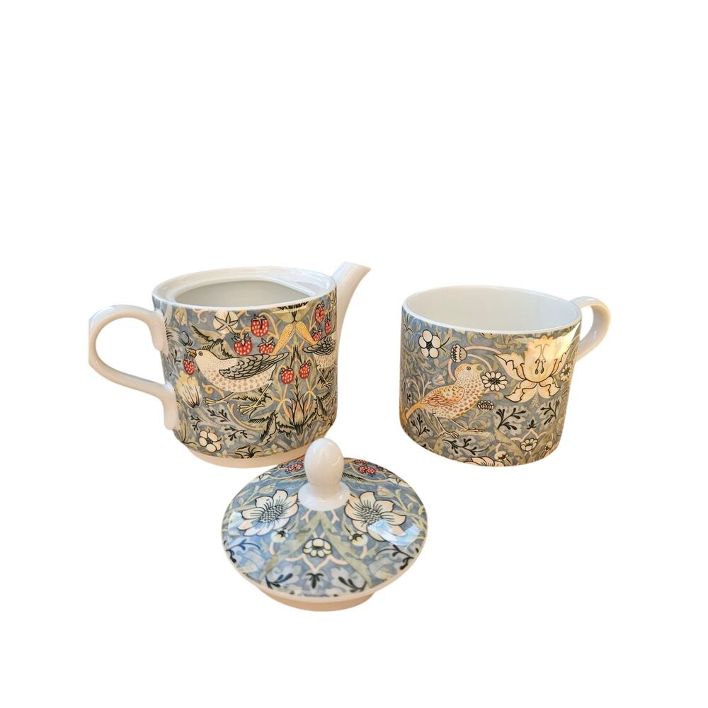 Spode Morris & Co Strawberry Thief Tea For One Teapot Mug Set Porcelain Boxed